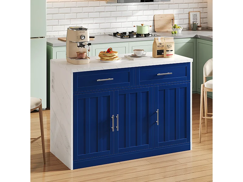 Desserte de cuisine bleu - Îlot de cuisine avec 2 tiroirs et 3 portes - porte-serviettes et câble d'alimentation de 1,5 m