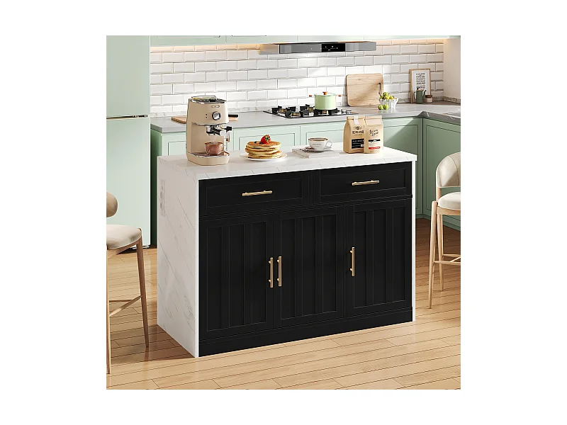 Schwarzer Küchenwagen – Kücheninsel mit 2 Schubladen und 3 Türen – Handtuchhalter und 1,5 m langes Stromkabel