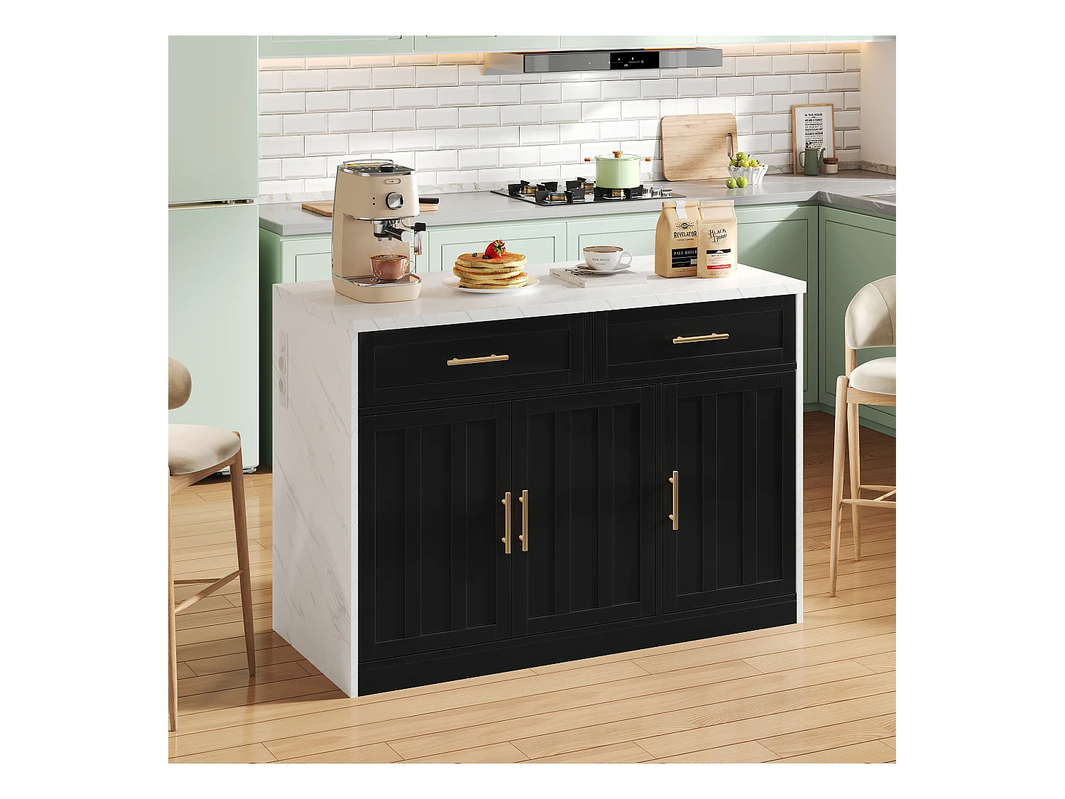 Schwarzer Küchenwagen – Kücheninsel mit 2 Schubladen und 3 Türen – Handtuchhalter und 1,5 m langes Stromkabel