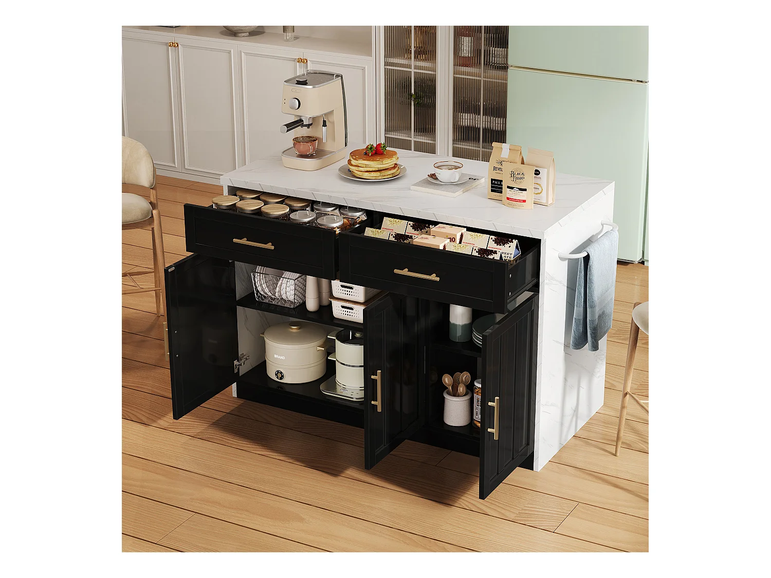 Schwarzer Küchenwagen – Kücheninsel mit 2 Schubladen und 3 Türen – Handtuchhalter und 1,5 m langes Stromkabel