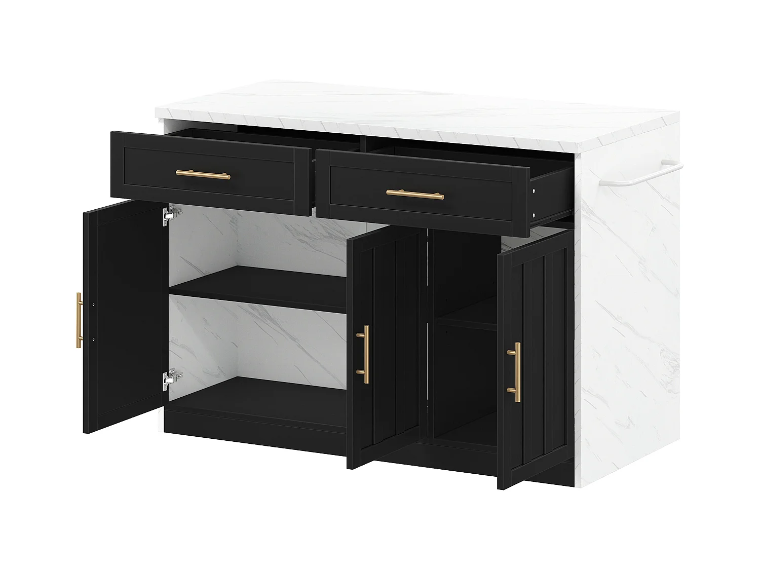 Schwarzer Küchenwagen – Kücheninsel mit 2 Schubladen und 3 Türen – Handtuchhalter und 1,5 m langes Stromkabel