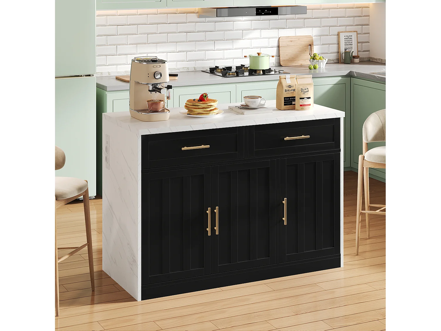 Desserte de cuisine noir - Îlot de cuisine avec 2 tiroirs et 3 portes - porte-serviettes et câble d'alimentation de 1,5 m