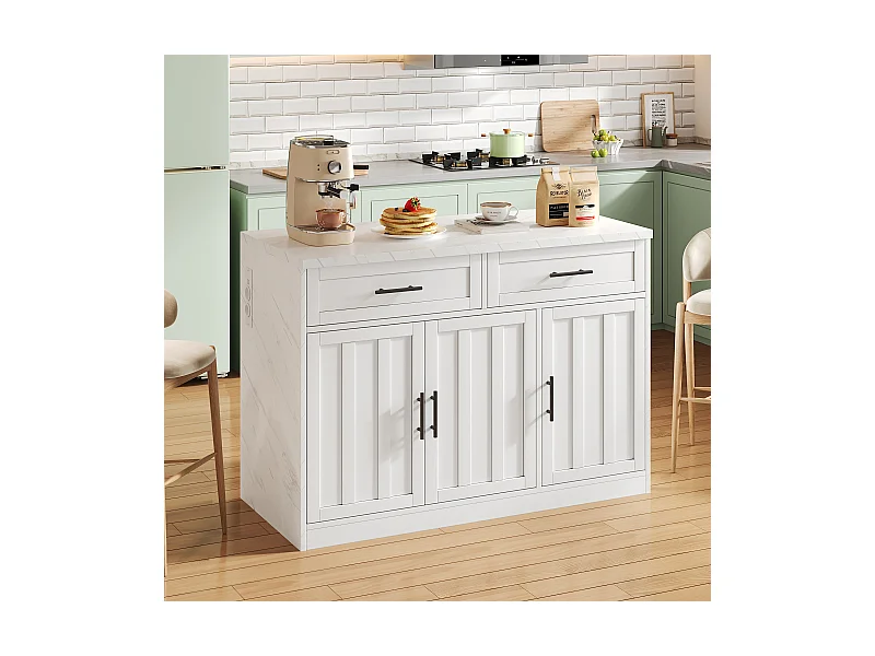 Weißer Küchenwagen – Kücheninsel mit 2 Schubladen und 3 Türen – Handtuchhalter und 1,5 m langes Stromkabel