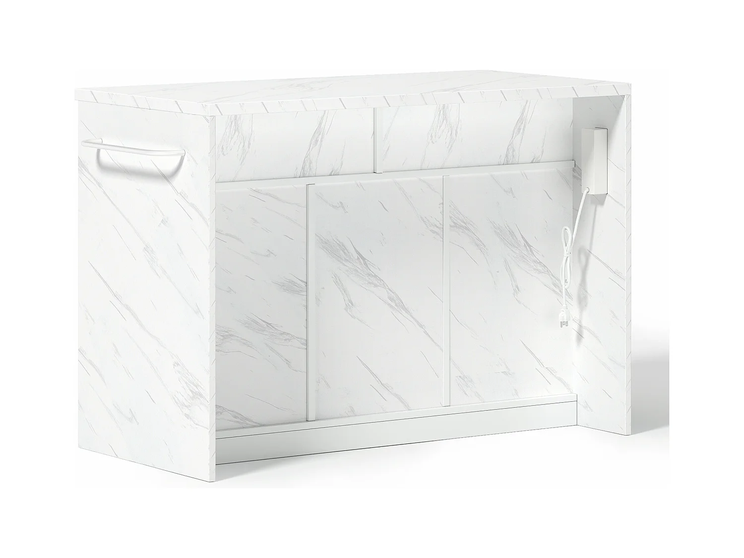 Weißer Küchenwagen – Kücheninsel mit 2 Schubladen und 3 Türen – Handtuchhalter und 1,5 m langes Stromkabel