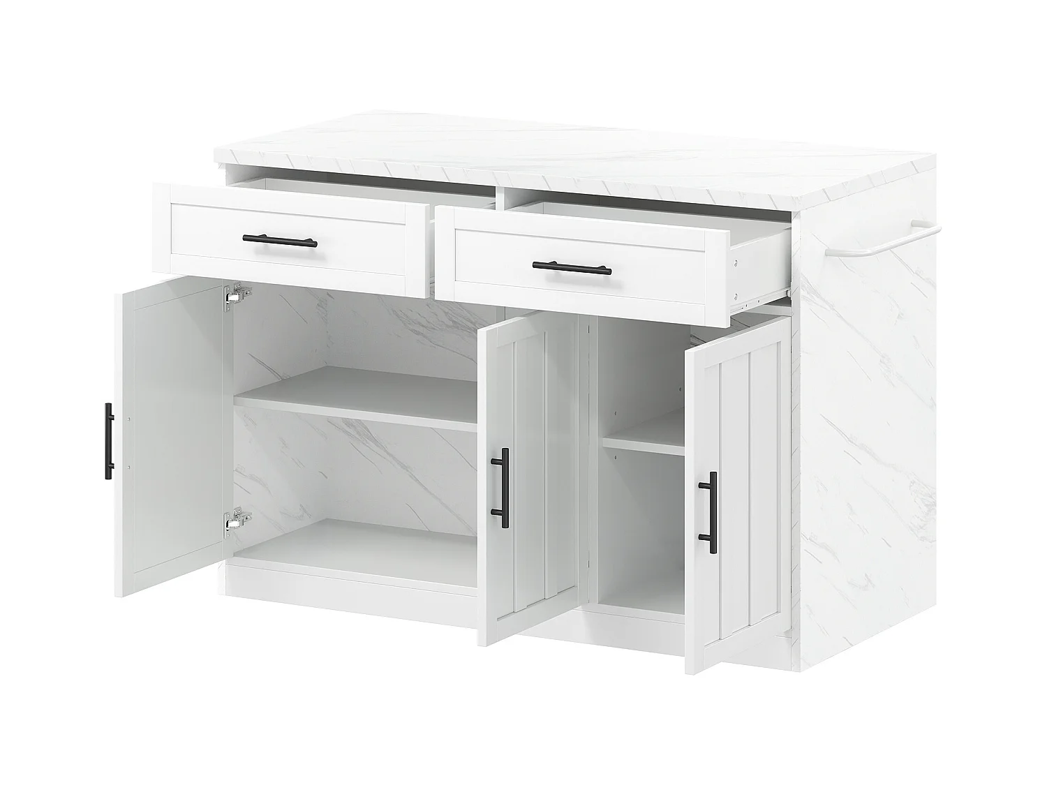 Weißer Küchenwagen – Kücheninsel mit 2 Schubladen und 3 Türen – Handtuchhalter und 1,5 m langes Stromkabel