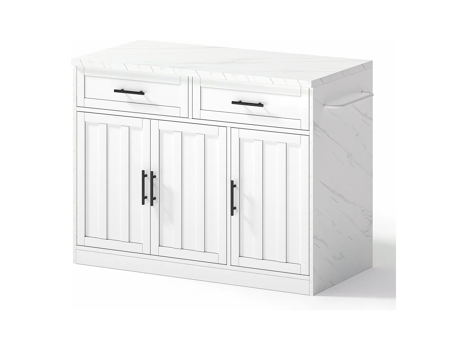 Weißer Küchenwagen – Kücheninsel mit 2 Schubladen und 3 Türen – Handtuchhalter und 1,5 m langes Stromkabel