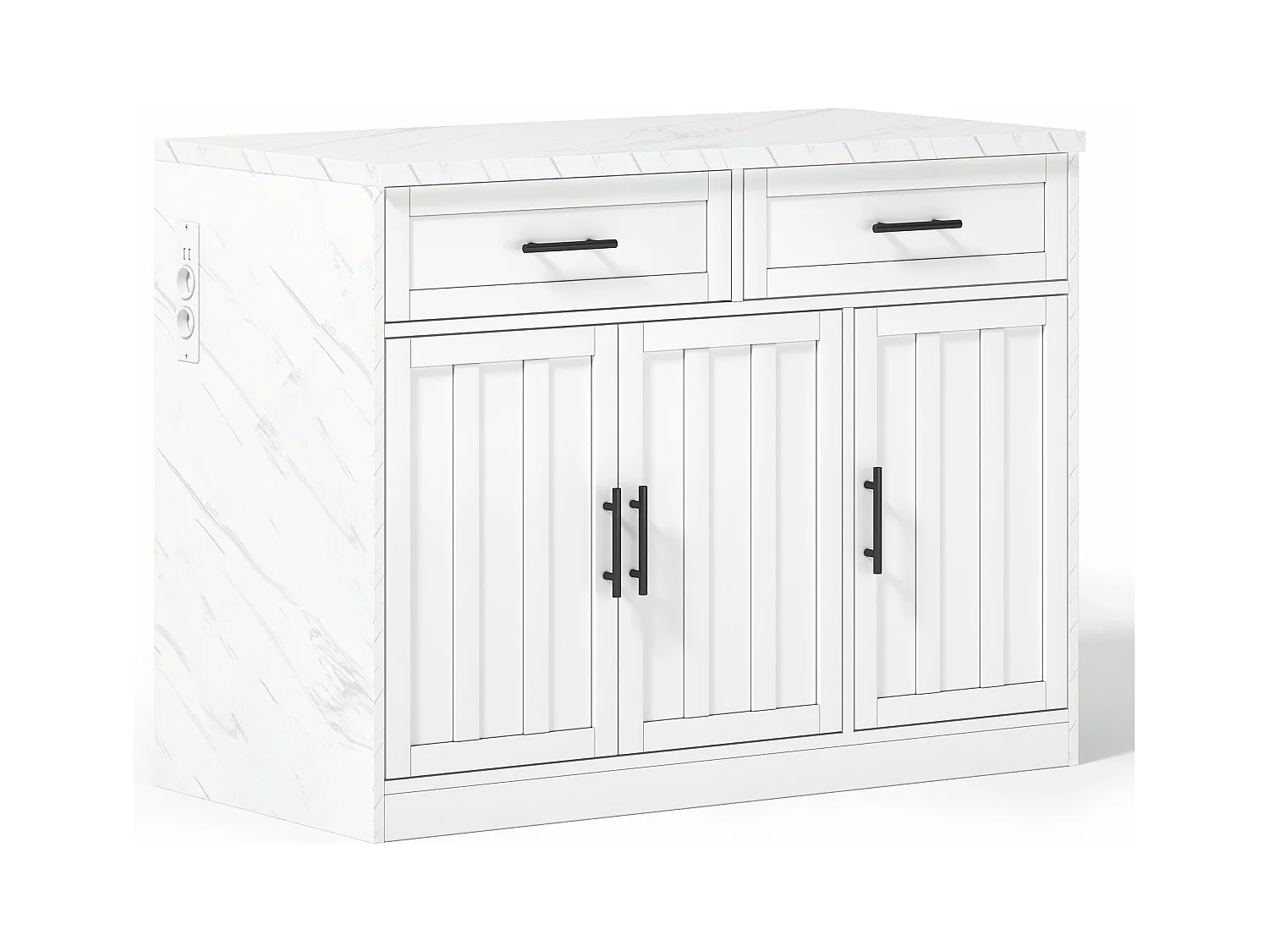 Weißer Küchenwagen – Kücheninsel mit 2 Schubladen und 3 Türen – Handtuchhalter und 1,5 m langes Stromkabel