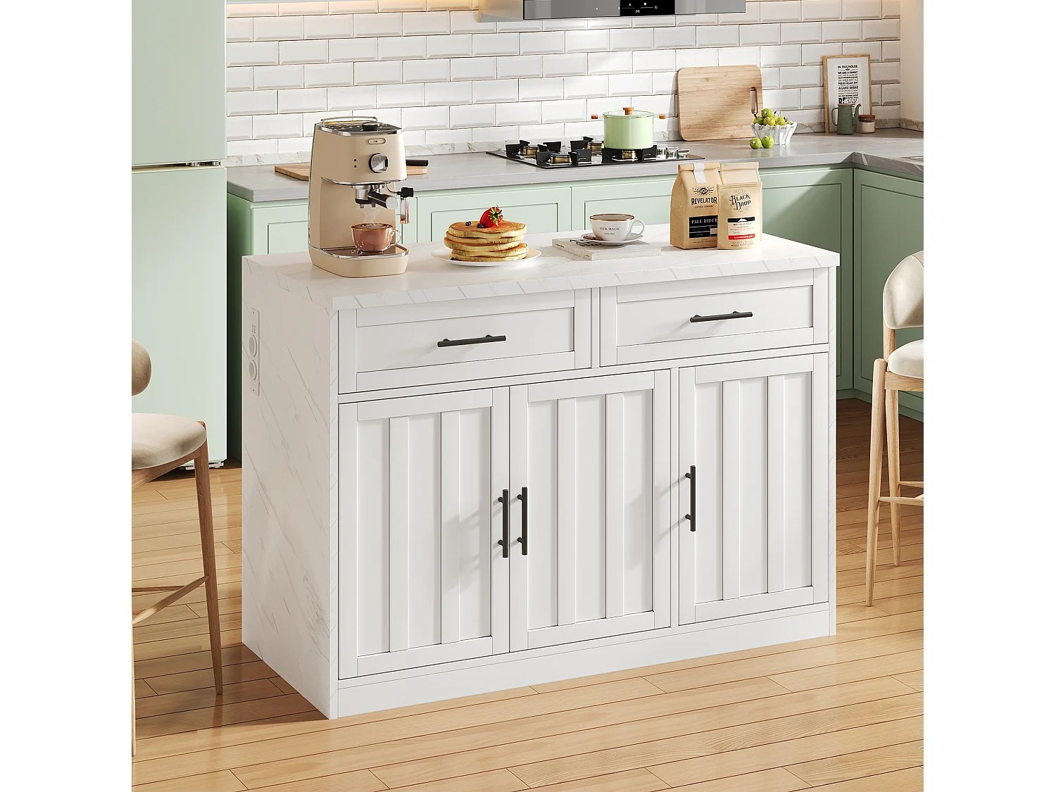 Desserte de cuisine blanc - Îlot de cuisine avec 2 tiroirs et 3 portes - porte-serviettes et câble d'alimentation de 1,5 m