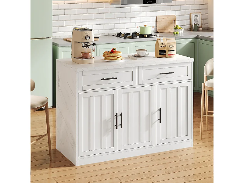 Desserte de cuisine blanc - Îlot de cuisine avec 2 tiroirs et 3 portes - porte-serviettes et câble d'alimentation de 1,5 m