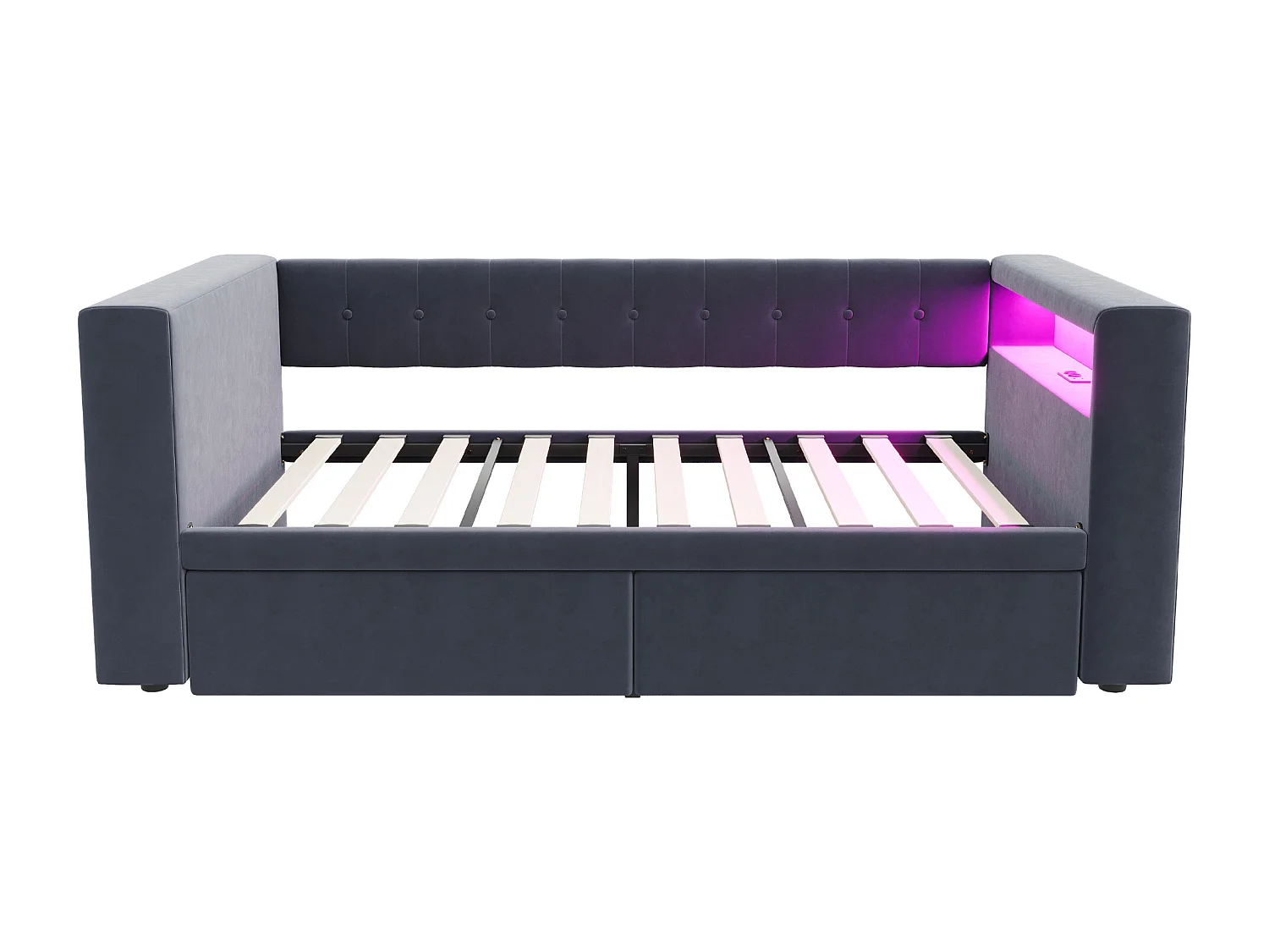 Lit enfant 90 x 190 cm - Lit simple avec 2 tiroirs et étagère de rangement - flanelle gris foncé - matelas non inclus