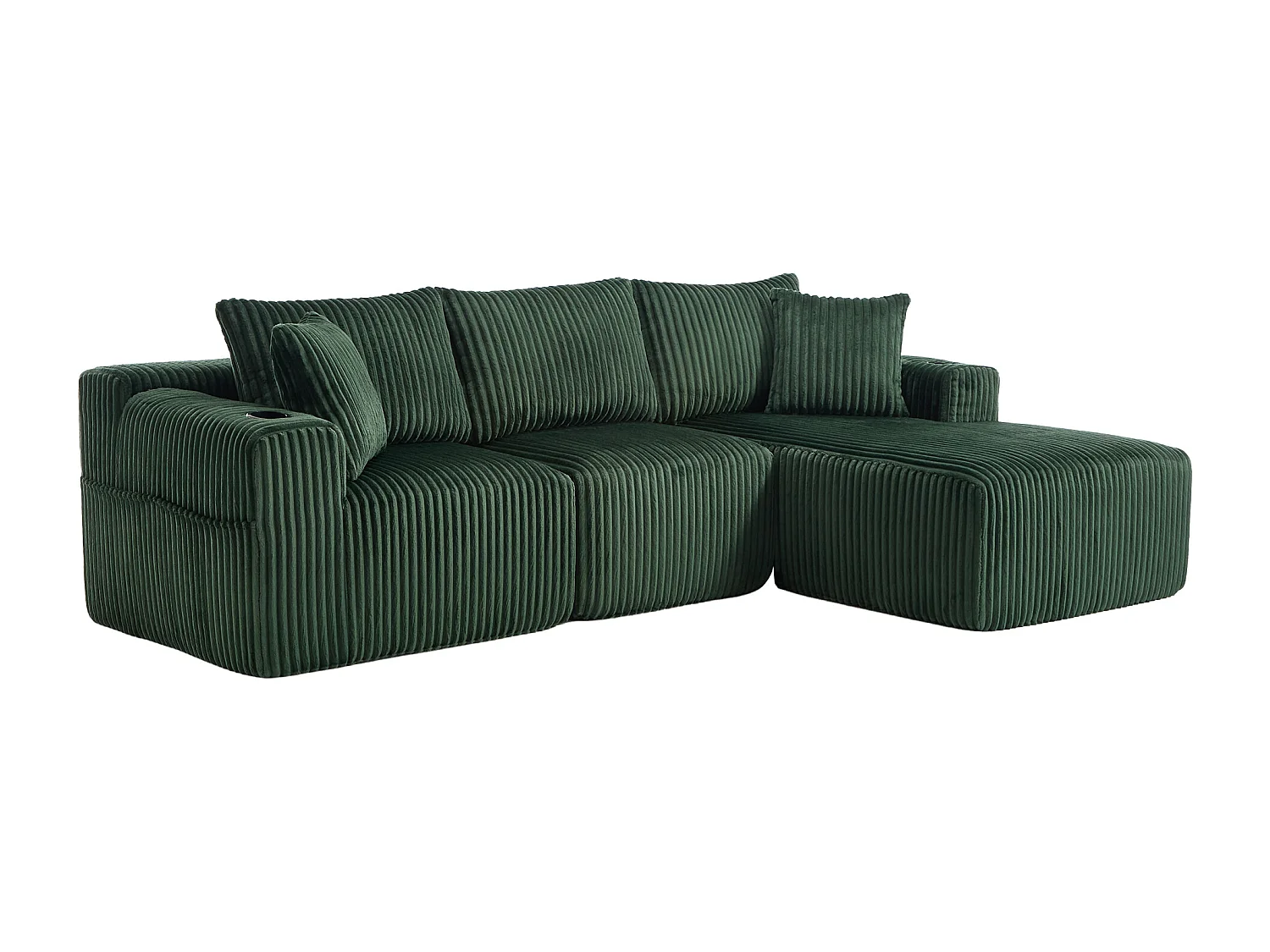 Divano angolare con portabicchieri - Divano a 3 posti con cinque cuscini e tasche laterali - velluto a coste verde