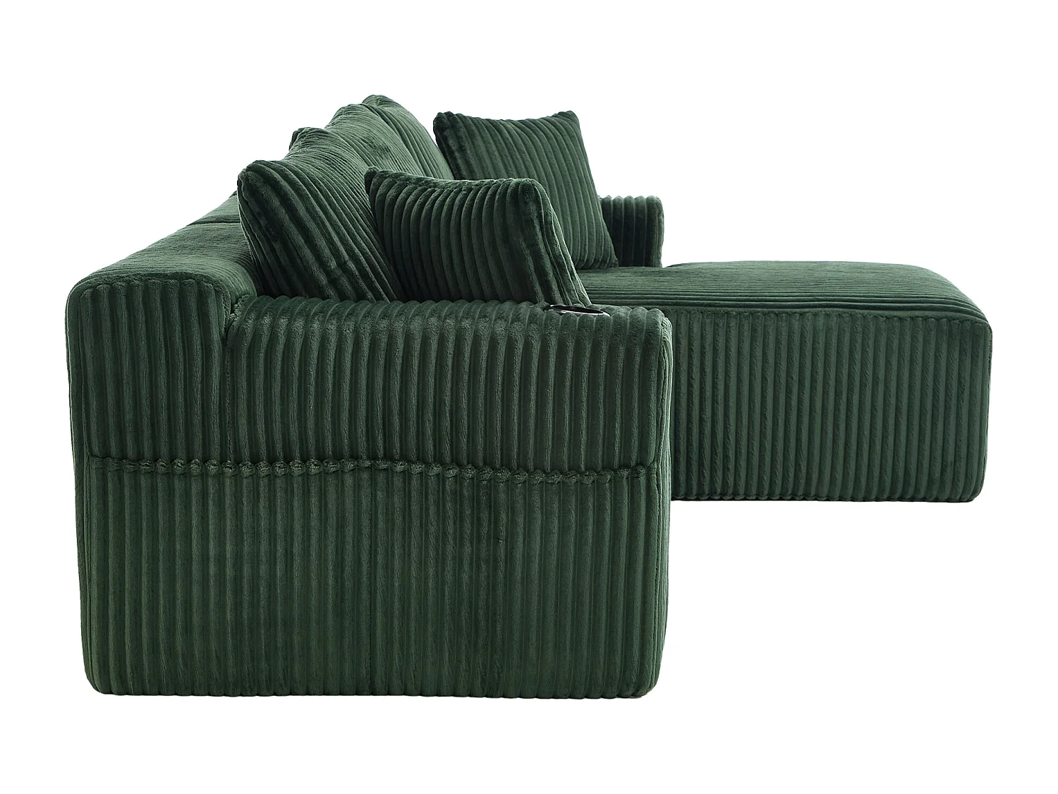 Divano angolare con portabicchieri - Divano a 3 posti con cinque cuscini e tasche laterali - velluto a coste verde