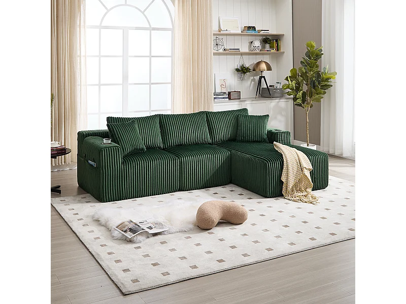 Divano angolare con portabicchieri - Divano a 3 posti con cinque cuscini e tasche laterali - velluto a coste verde