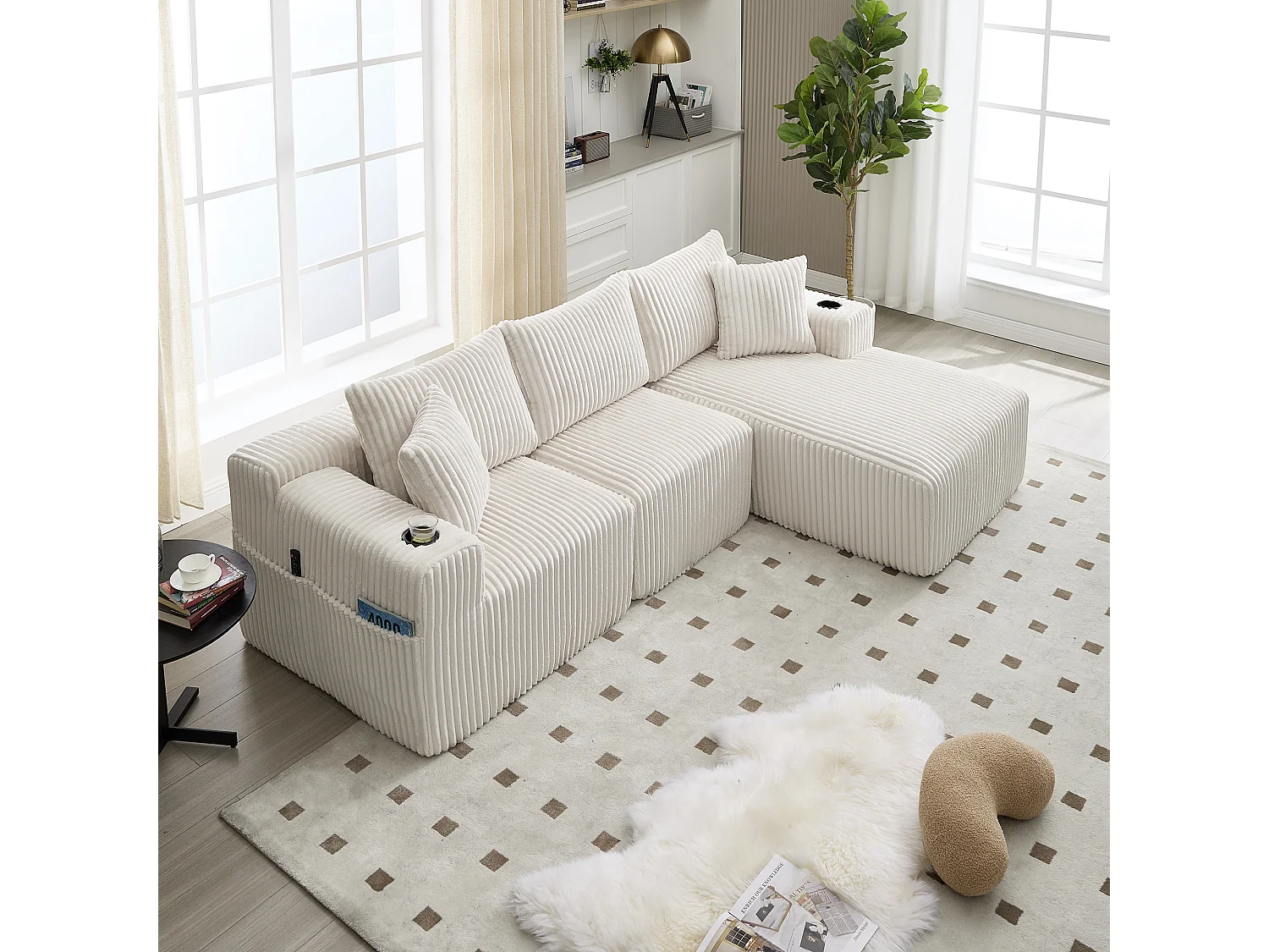 Canapé avec porte-gobelet - Canapé 3 places avec cinq coussins et poches latérales - velours côtelé beige