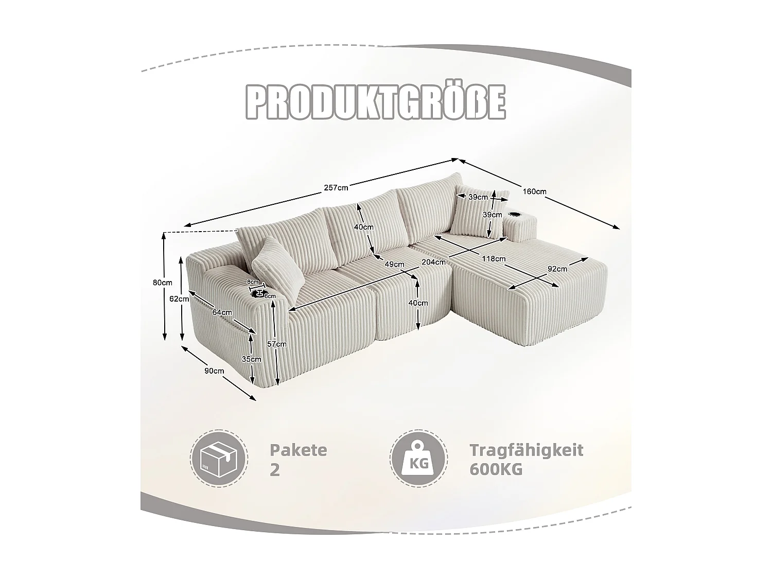 Canapé avec porte-gobelet - Canapé 3 places avec cinq coussins et poches latérales - velours côtelé beige