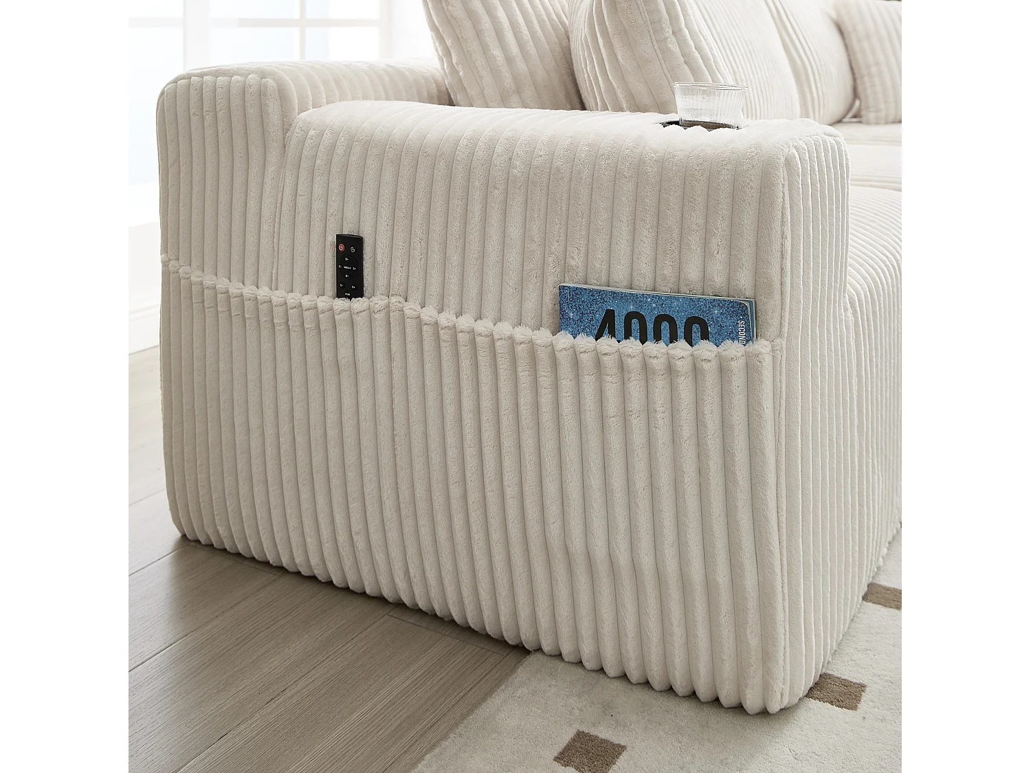 Canapé avec porte-gobelet - Canapé 3 places avec cinq coussins et poches latérales - velours côtelé beige