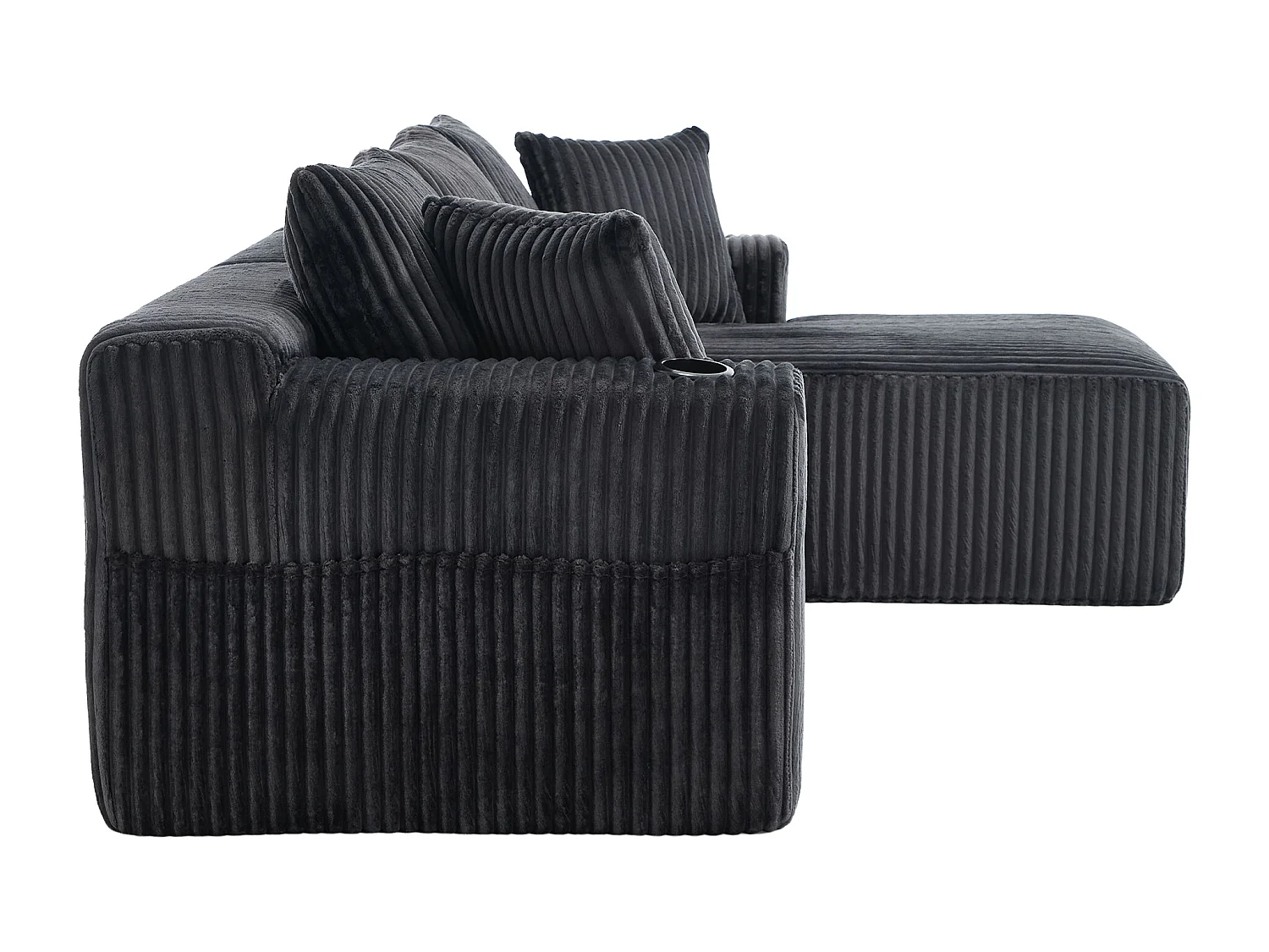 Divano angolare con portabicchieri - Divano a 3 posti con cinque cuscini e tasche laterali - velluto a coste grigio