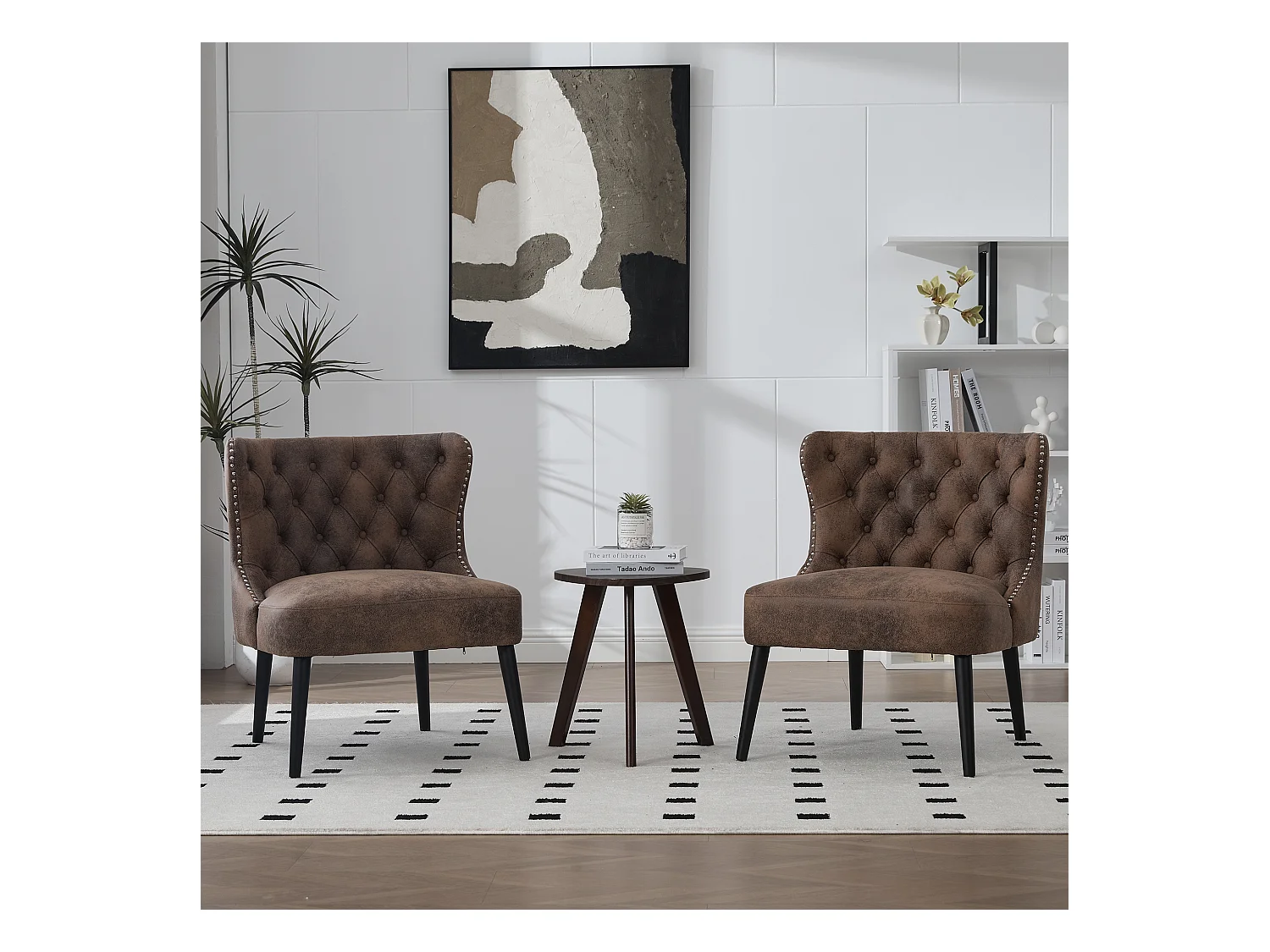 Bruine stoel - Stoel met geklonken afwerking en massief houten poten - microsuède