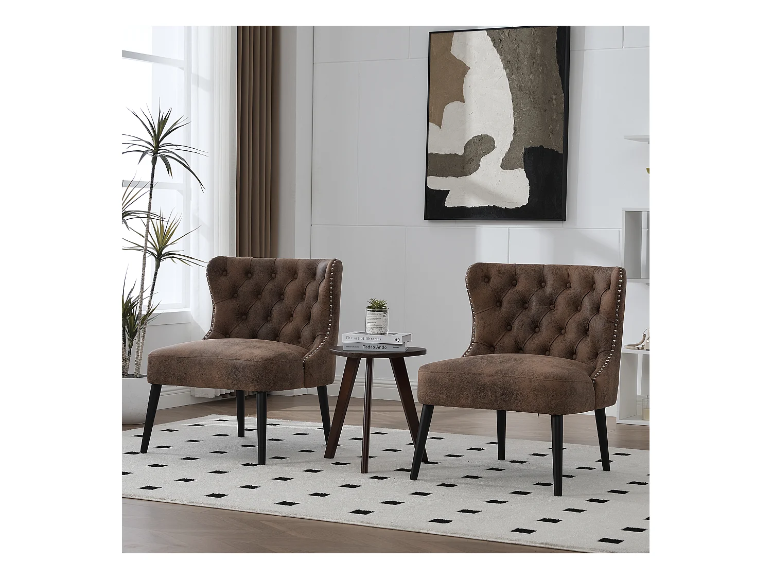 Bruine stoel - Stoel met geklonken afwerking en massief houten poten - microsuède