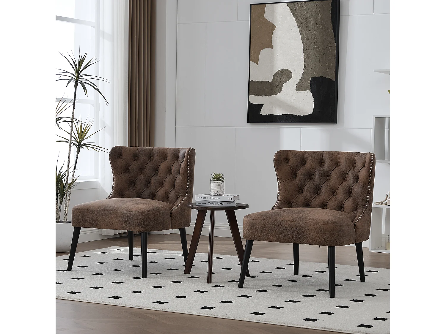 Chaise marron - Chaise avec finition rivetée et pieds en bois massif - microsuède