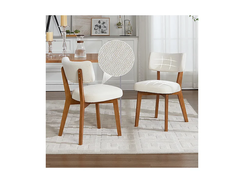 Lot de 2 chaises de salle à manger - Chaises avec dossier rembourré et pieds en bois massif - lin beige