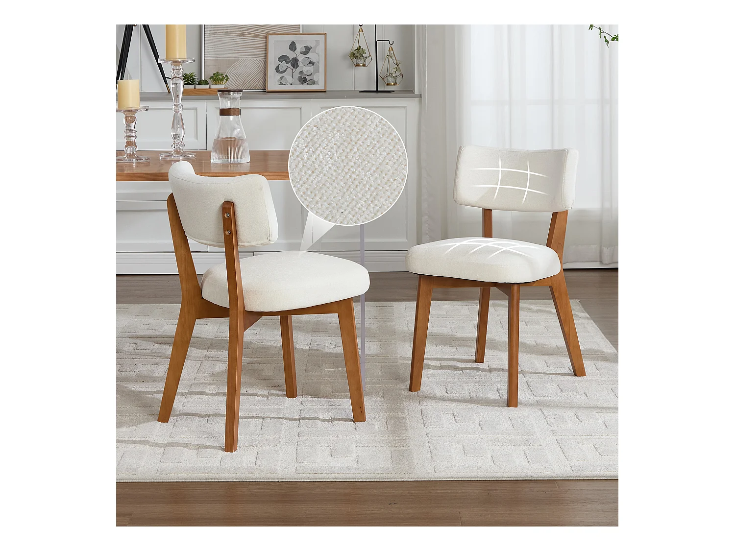 Lot de 2 chaises de salle à manger - Chaises avec dossier rembourré et pieds en bois massif - lin beige
