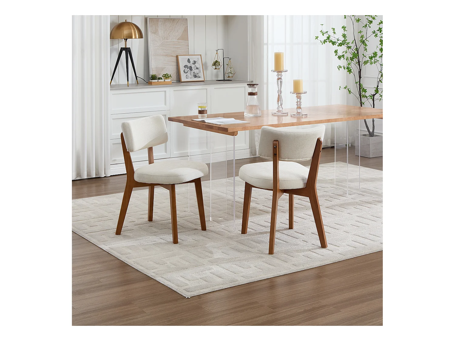 Lot de 2 chaises de salle à manger - Chaises avec dossier rembourré et pieds en bois massif - lin beige