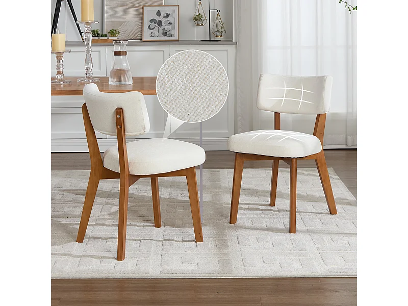 Lot de 2 chaises de salle à manger - Chaises avec dossier rembourré et pieds en bois massif - lin beige