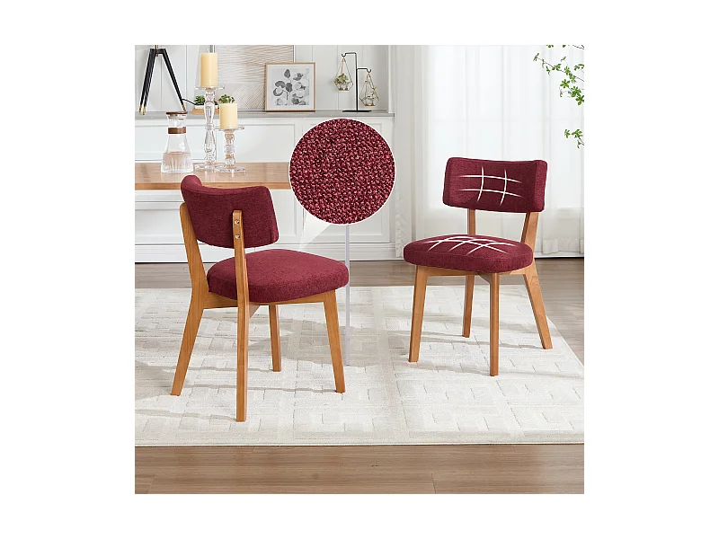 Set van 2 eetkamerstoelen - Stoelen met gewatteerde rugleuningen en massief houten poten - bordeauxrood linnen