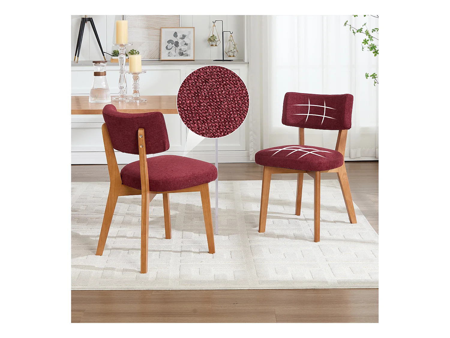 Set van 2 eetkamerstoelen - Stoelen met gewatteerde rugleuningen en massief houten poten - bordeauxrood linnen