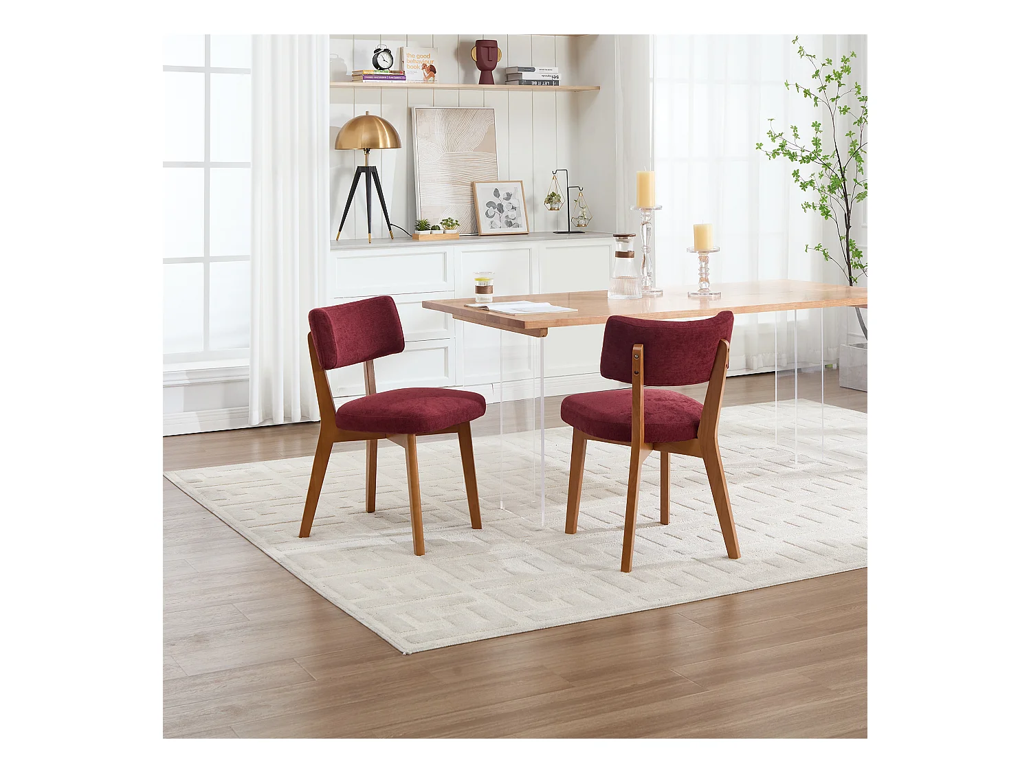 Set van 2 eetkamerstoelen - Stoelen met gewatteerde rugleuningen en massief houten poten - bordeauxrood linnen