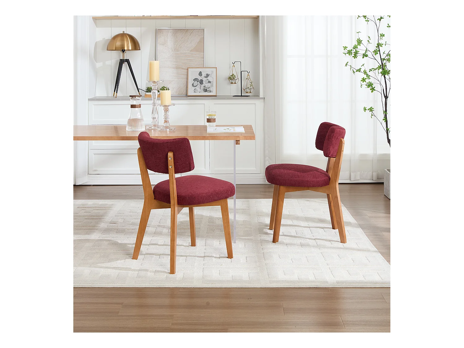 Set van 2 eetkamerstoelen - Stoelen met gewatteerde rugleuningen en massief houten poten - bordeauxrood linnen