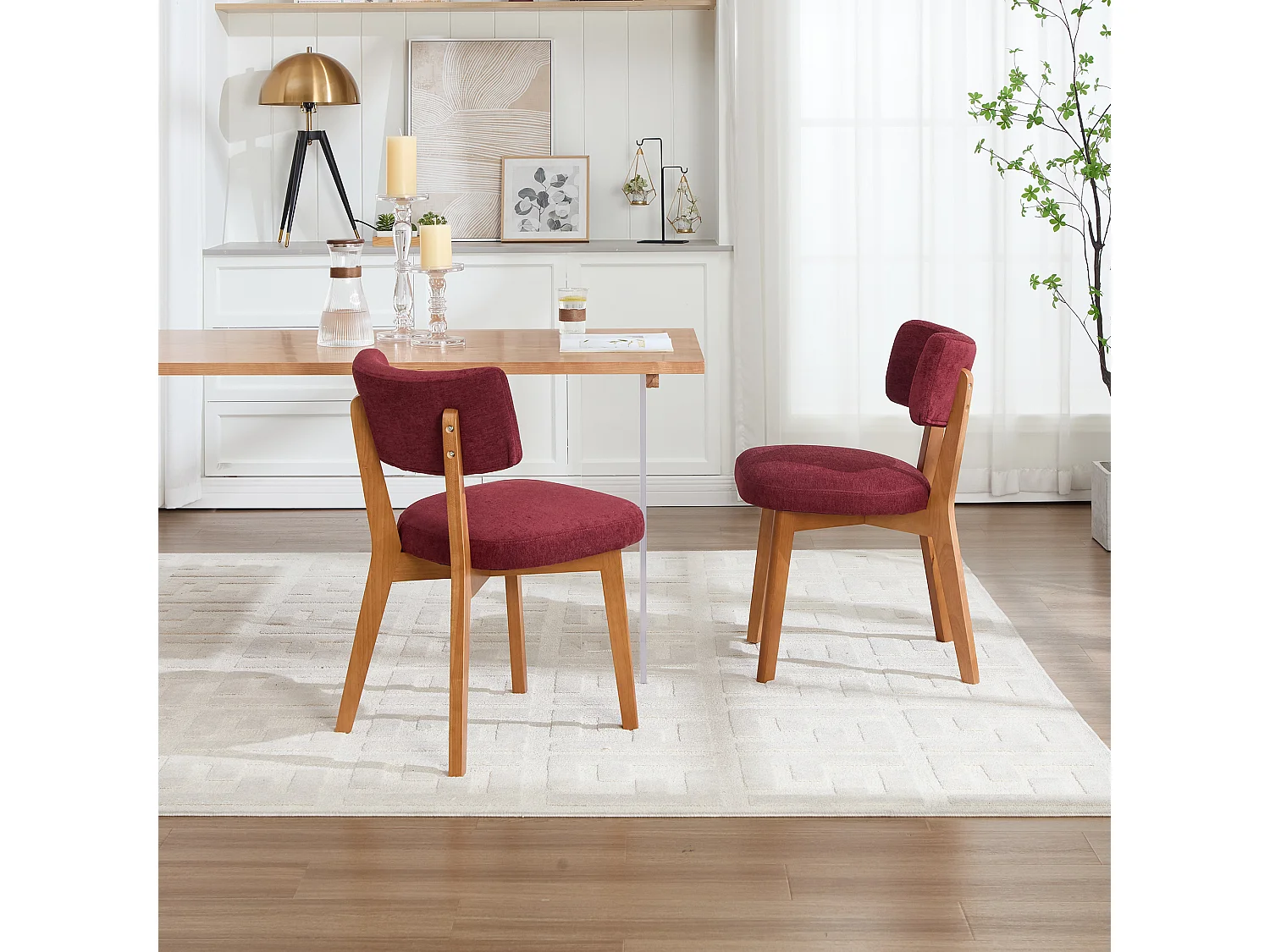 Conjunto de 2 cadeiras de jantar - Cadeiras com encosto almofadado e pernas em madeira maciça - linho bordeaux