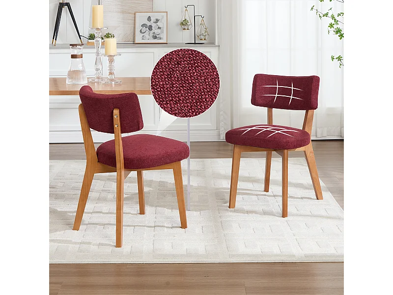 2er-Set Esszimmerstühle - Stühle mit gepolsterter Rückenlehne und Beinen aus Massivholz - burgunderfarbenes Leinen