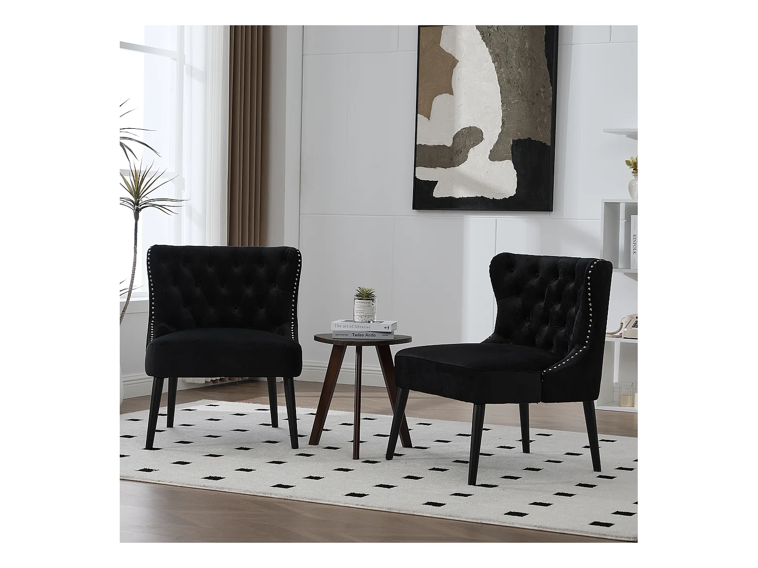 Zwarte stoel - Stoel met geklonken afwerking en massief houten poten - fluweel