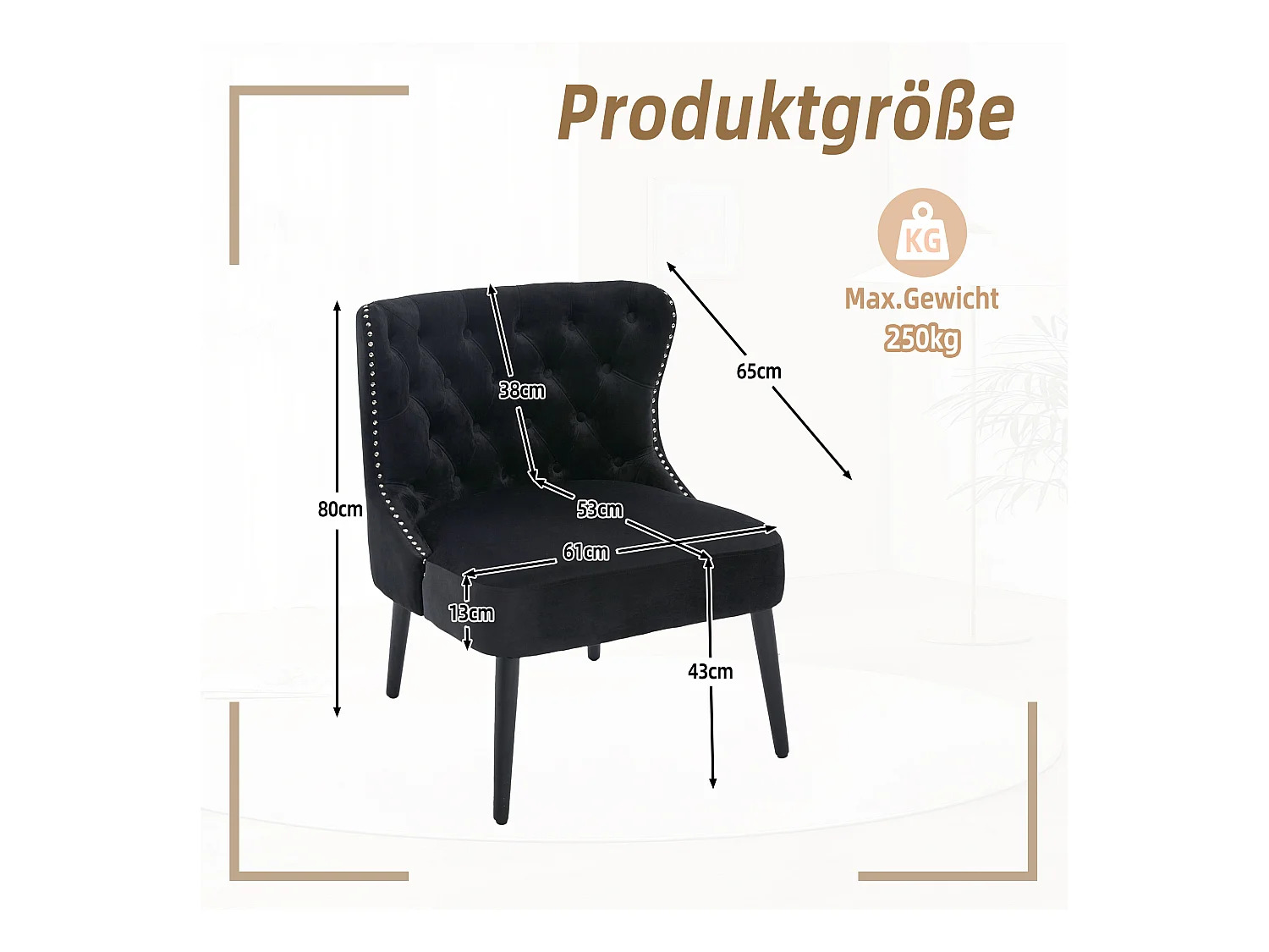 Zwarte stoel - Stoel met geklonken afwerking en massief houten poten - fluweel