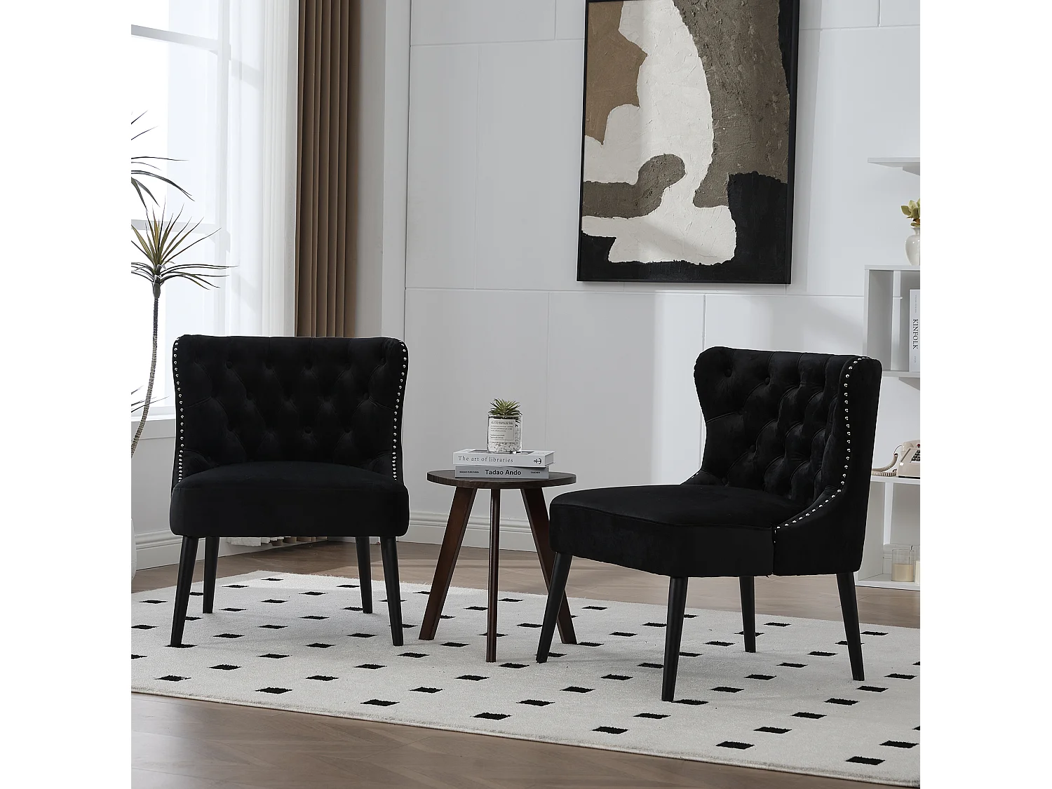 Chaise noir - Chaise avec finition rivetée et pieds en bois massif - velours