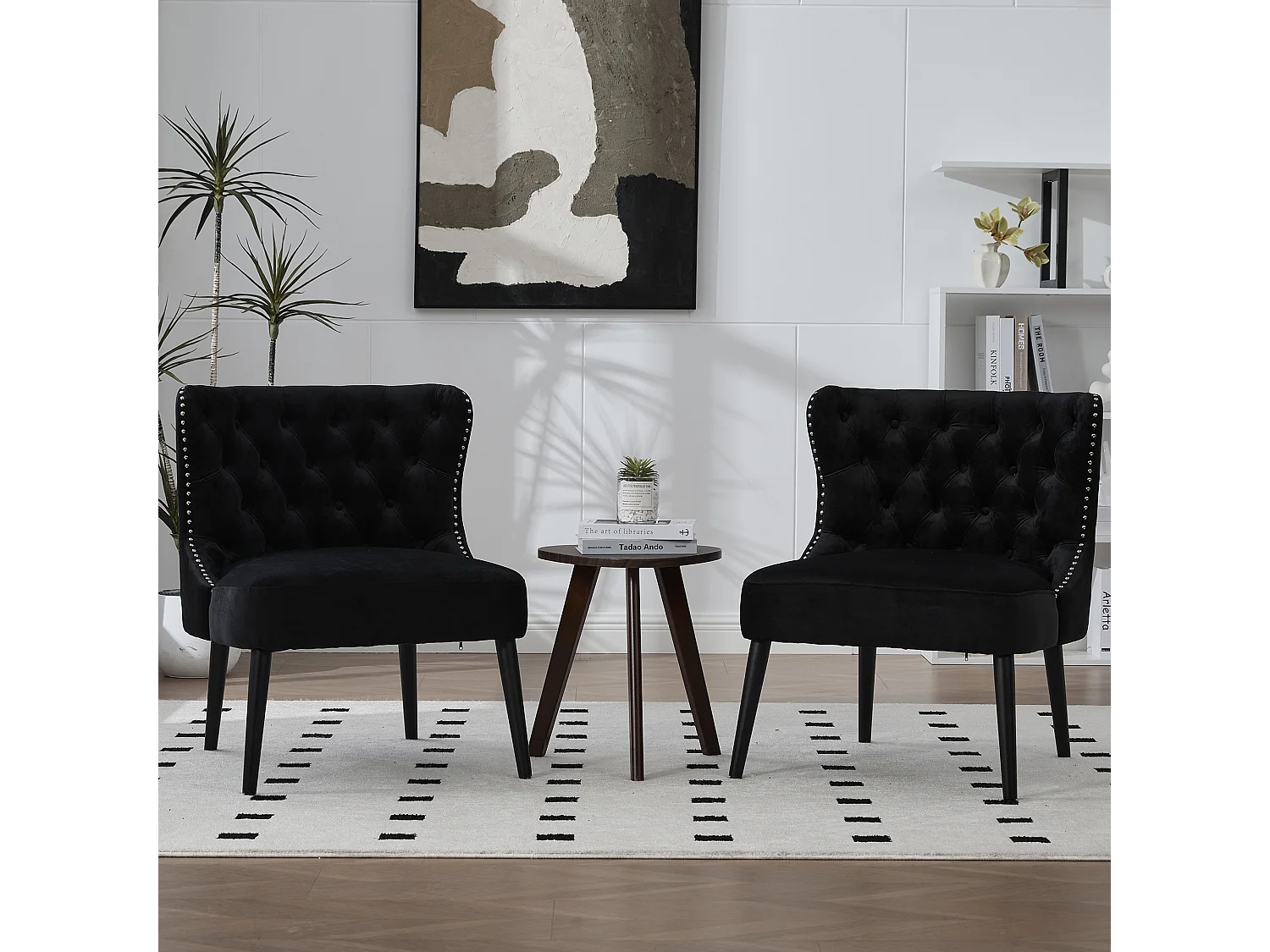 Chaise noir - Chaise avec finition rivetée et pieds en bois massif - velours