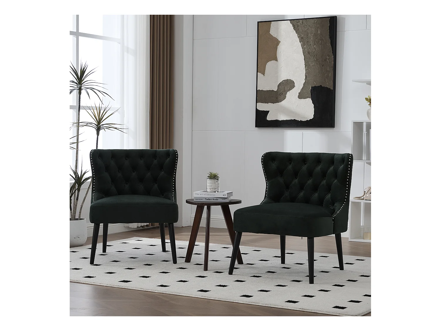 Groene stoel - Stoel met geklonken afwerking en massief houten poten - fluweel