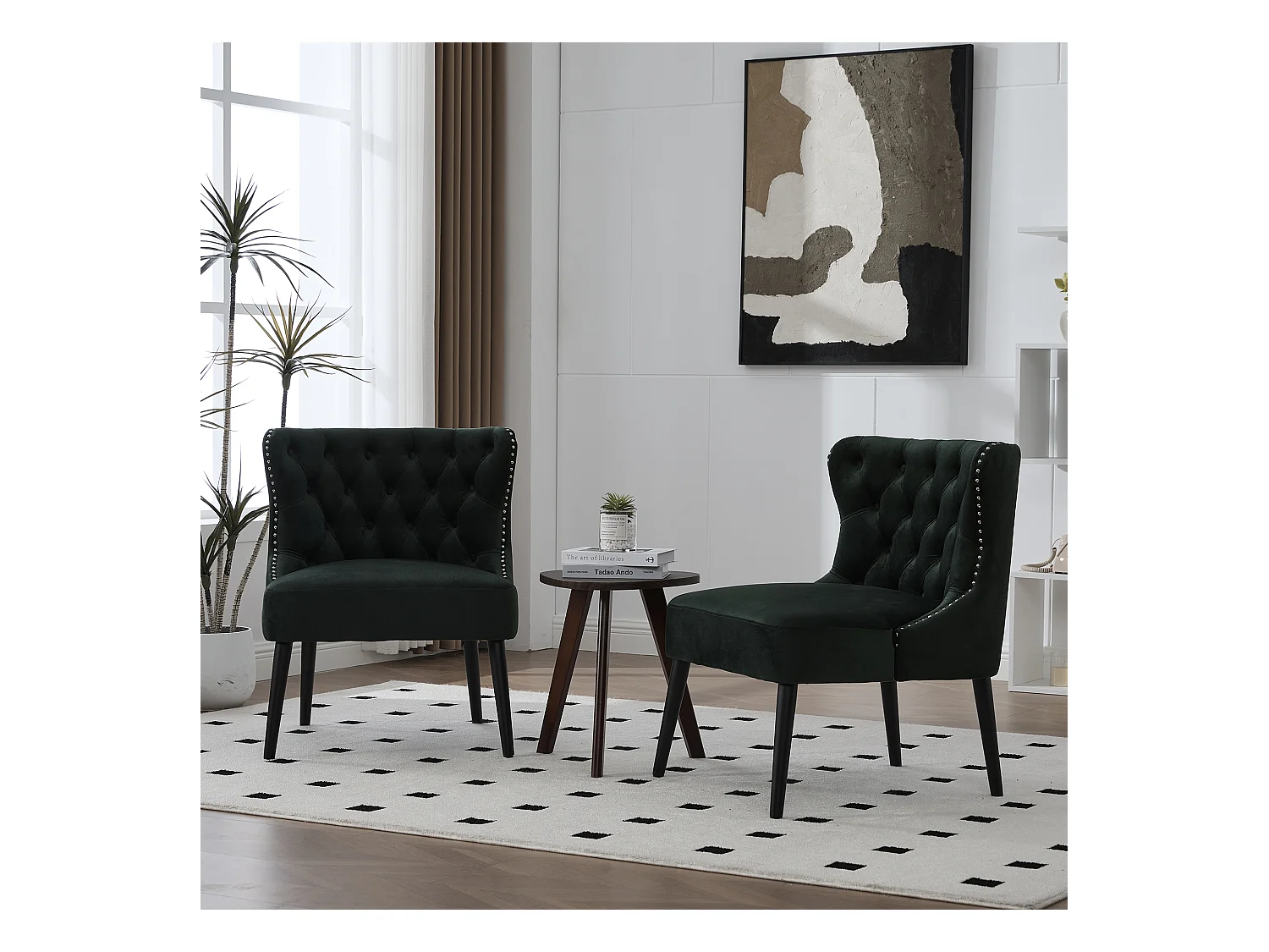 Groene stoel - Stoel met geklonken afwerking en massief houten poten - fluweel