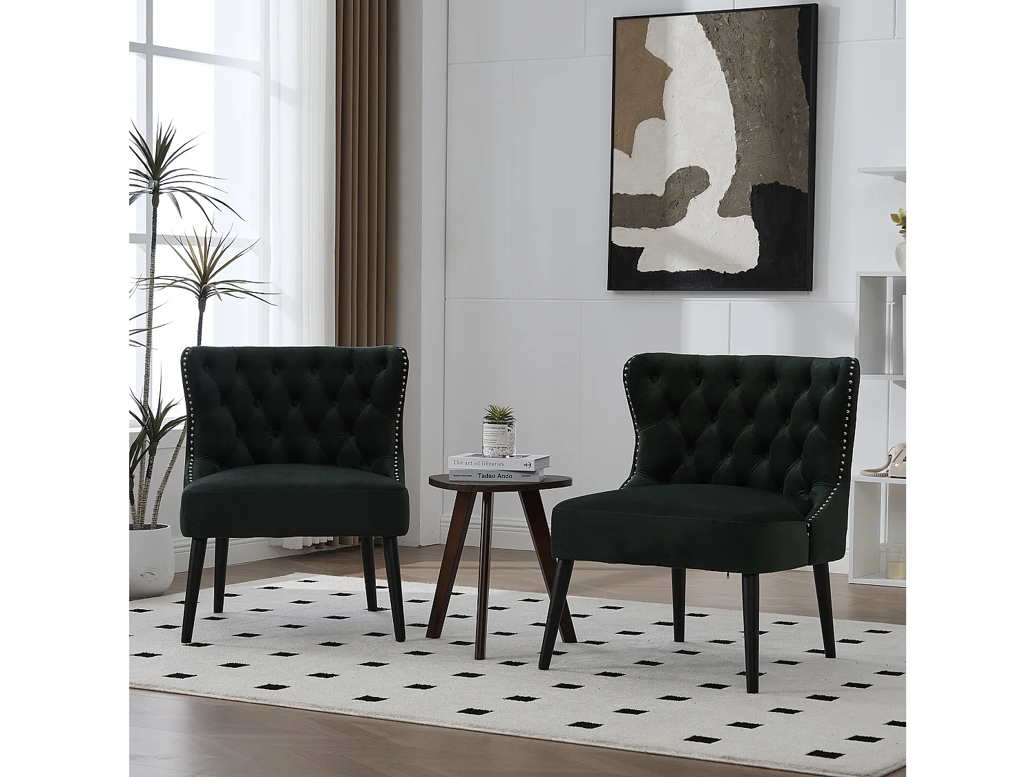 Chaise vert - Chaise avec finition rivetée et pieds en bois massif - velours