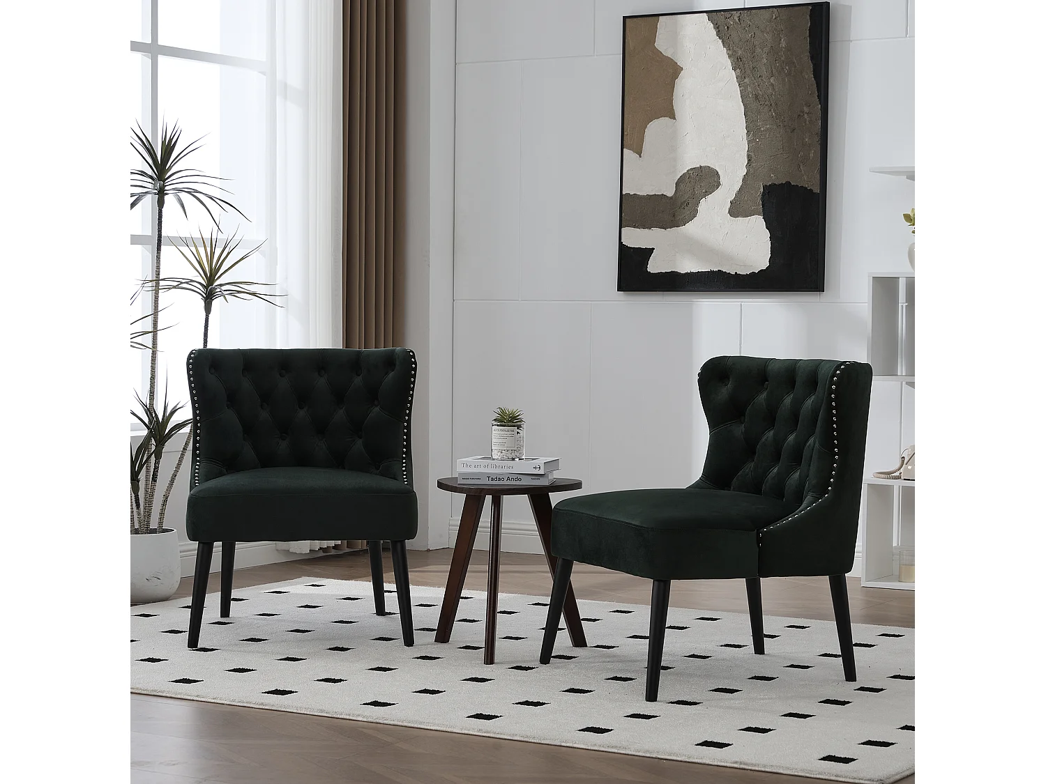 Chaise vert - Chaise avec finition rivetée et pieds en bois massif - velours