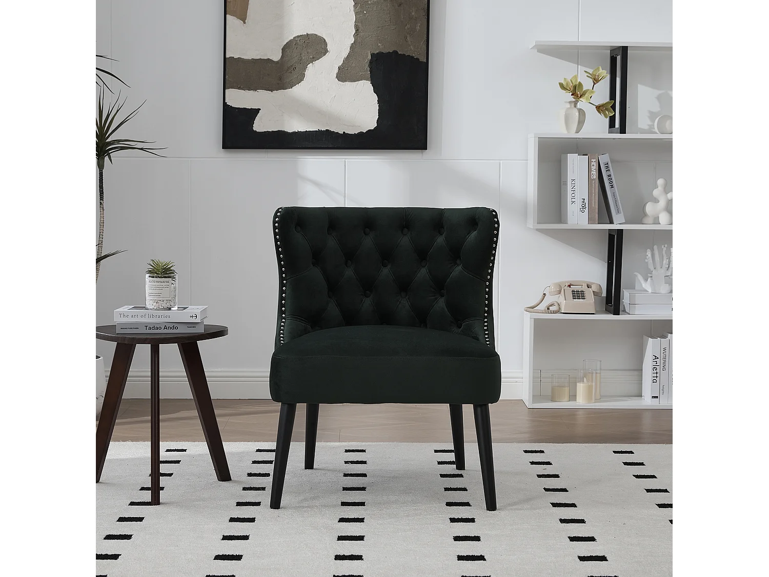 Chaise vert - Chaise avec finition rivetée et pieds en bois massif - velours