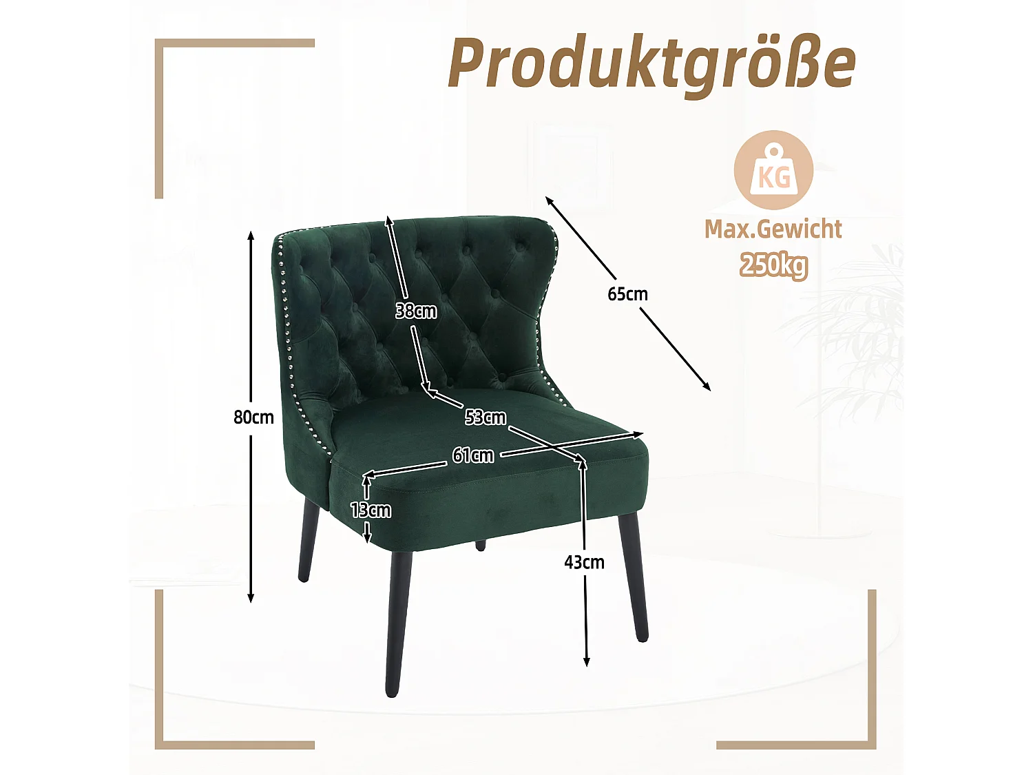 Chaise vert - Chaise avec finition rivetée et pieds en bois massif - velours