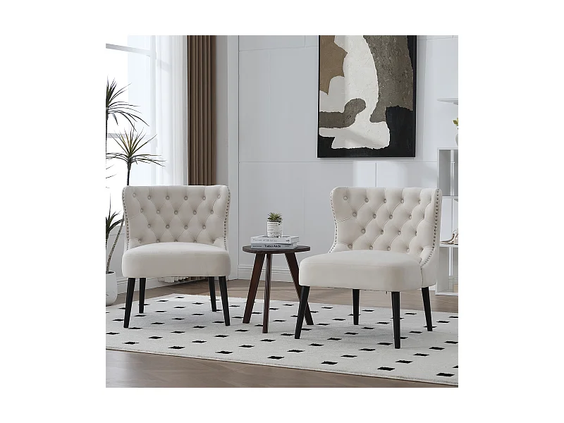 Chaise beige - Chaise avec finition rivetée et pieds en bois massif - velours