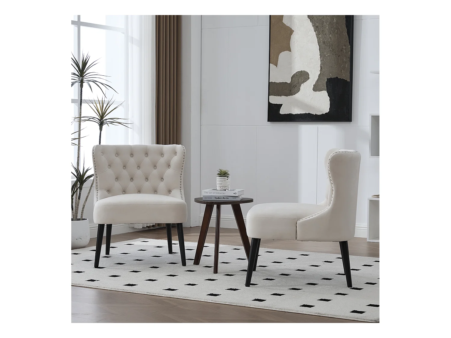 Beige stoel - Stoel met geklonken afwerking en massief houten poten - fluweel