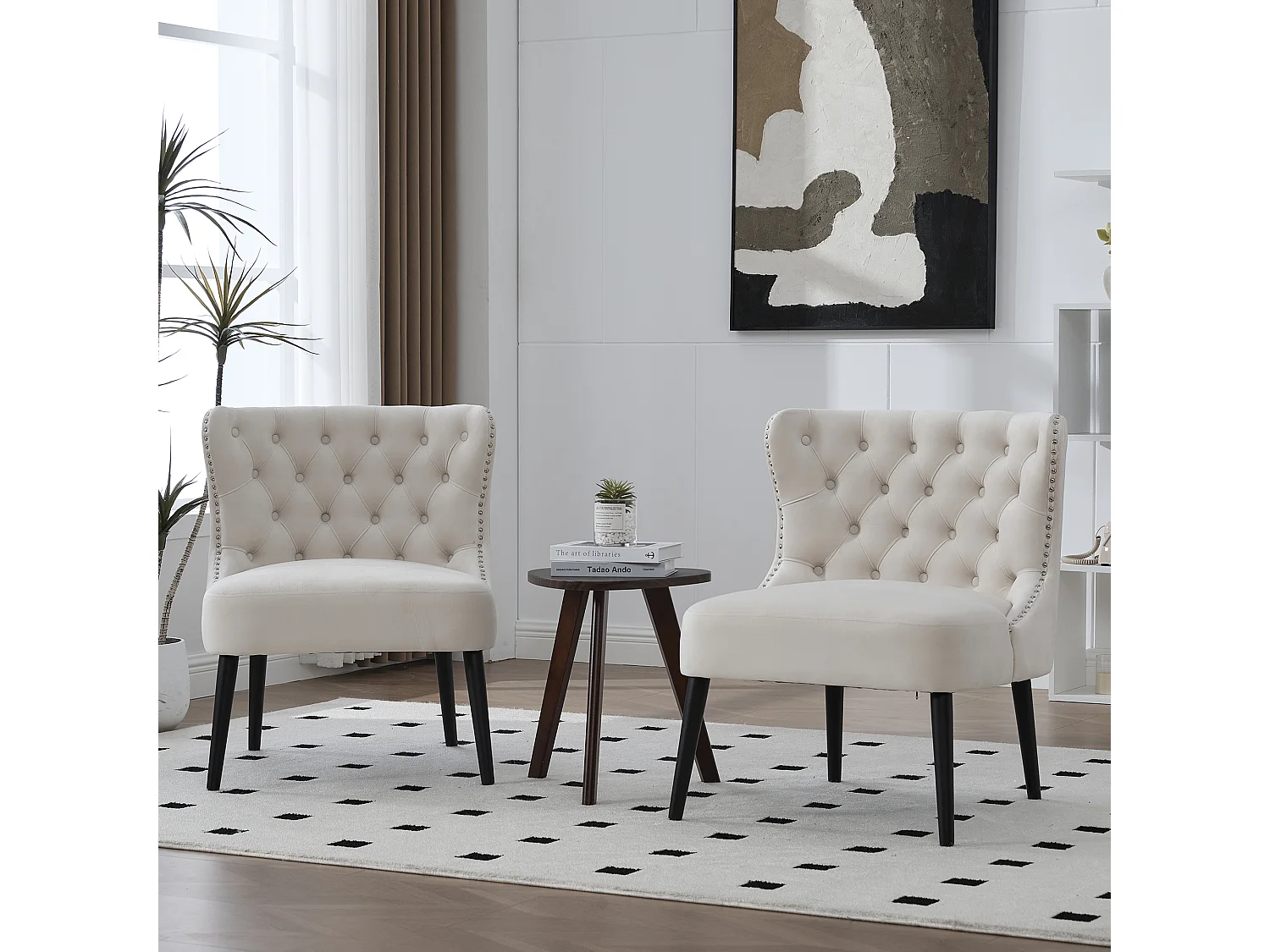 Chaise beige - Chaise avec finition rivetée et pieds en bois massif - velours