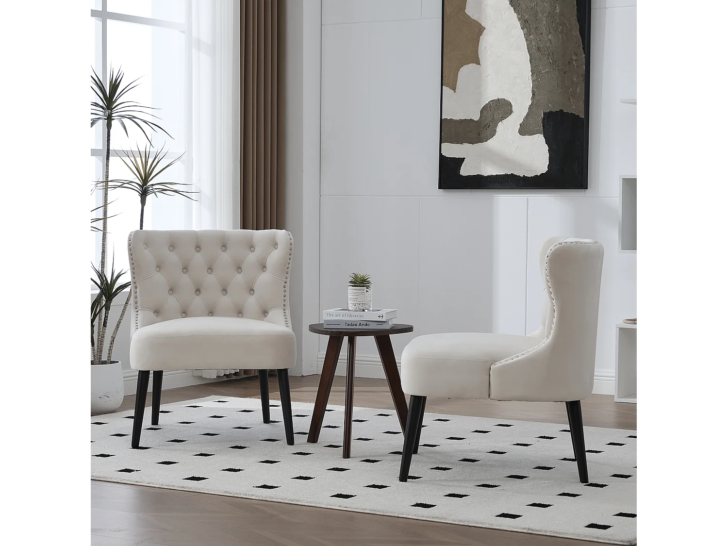 Chaise beige - Chaise avec finition rivetée et pieds en bois massif - velours