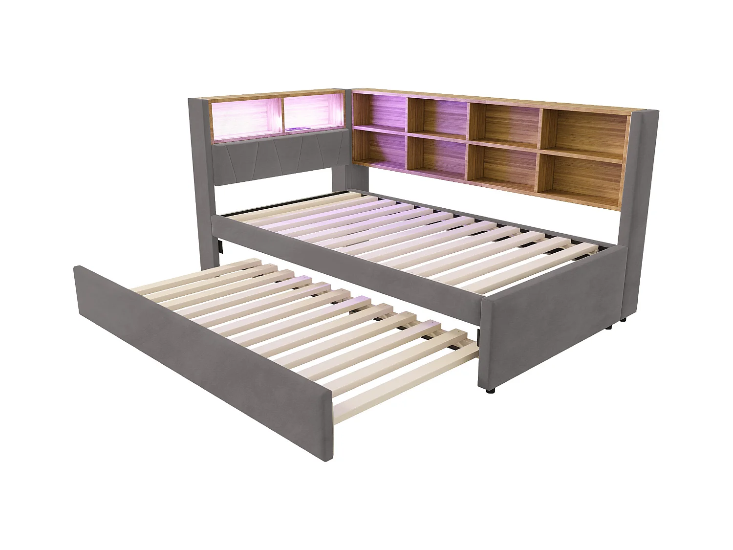Łóżko dzienne 90 x 200 cm - łóżko wysuwane 90 x 190 cm z oświetleniem LED i dużą ilością miejsca do przechowywania - ciemnoszara flanela