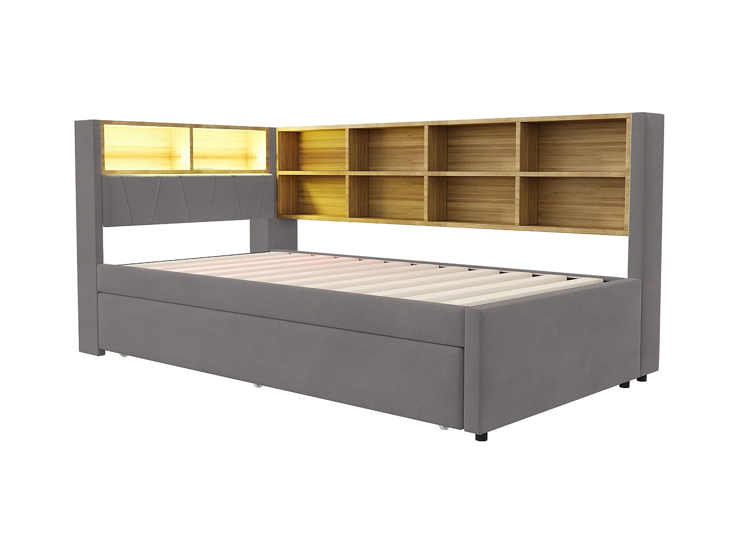 Łóżko dzienne 90 x 200 cm - łóżko wysuwane 90 x 190 cm z oświetleniem LED i dużą ilością miejsca do przechowywania - ciemnoszara flanela